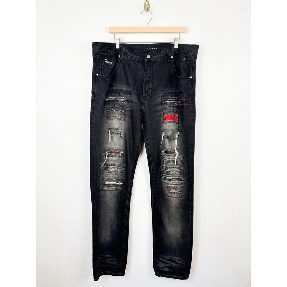 Parish Men's Black Distressed Ripped Plaid Jeans Sz 38